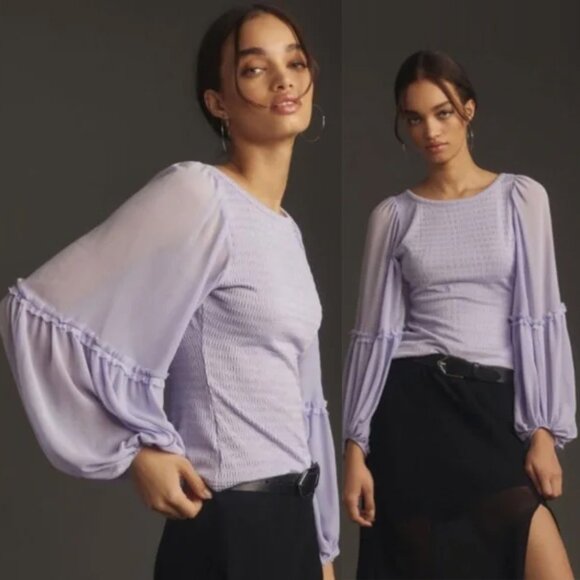 Anthropologie Wide Sheer Balloon-Sleeves Smocked Top XS Lilac Lavender Romantic - Picture 1 of 16